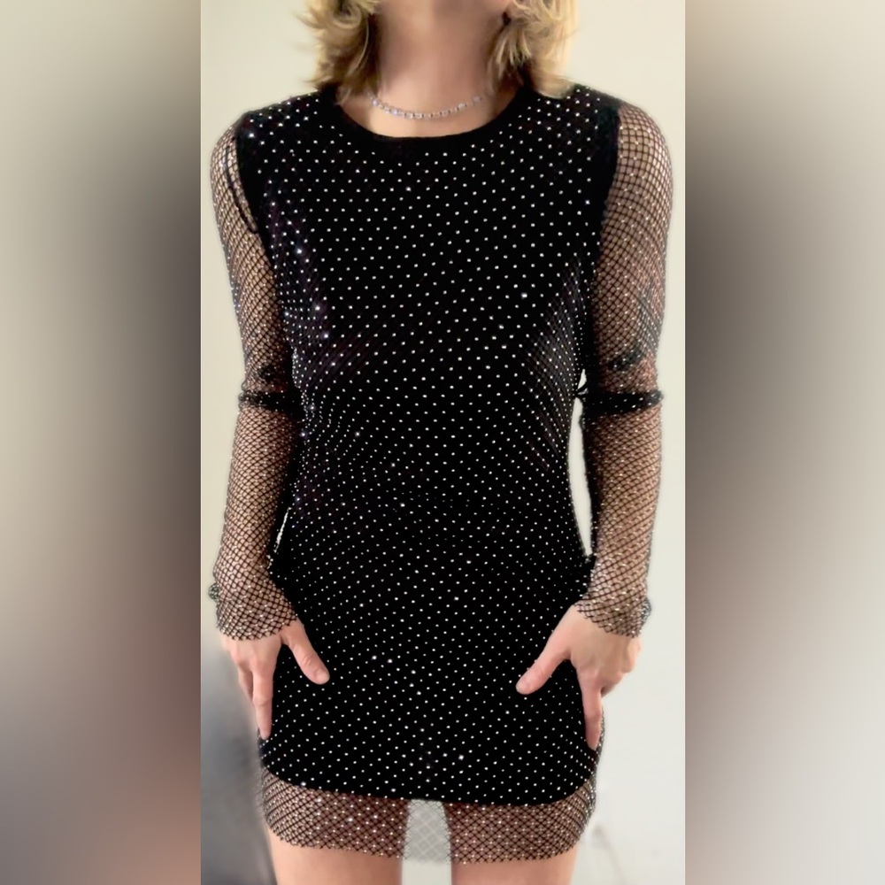 Black dress with Fishnet overlay & Rhinestones